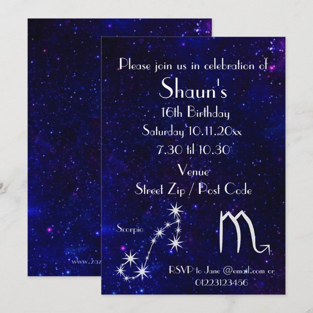 Invitation Fête personnalisée du zodiaque Scorpion Galaxie (Devant / Derrière)