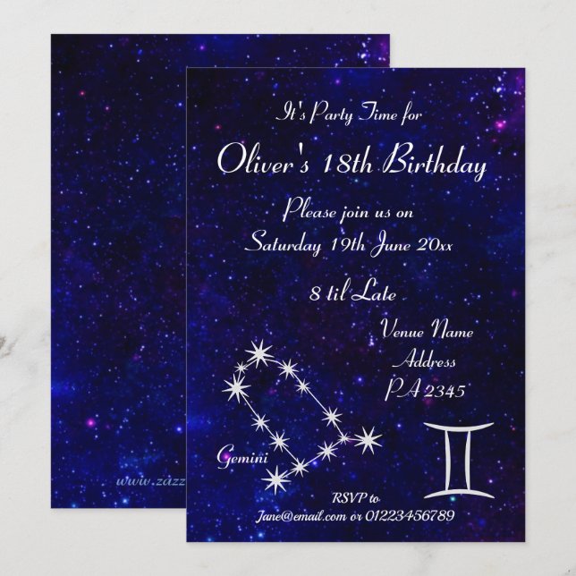 Invitation Fête personnalisée Gemini Zodiaque Galaxie (Devant / Derrière)