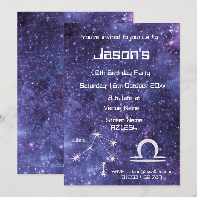 Invitation Fête personnalisée Libra Zodiaque Galaxie (Devant / Derrière)
