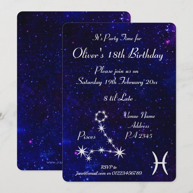 Invitation Fête personnalisée Poissons Zodiaque Galaxie (Devant / Derrière)