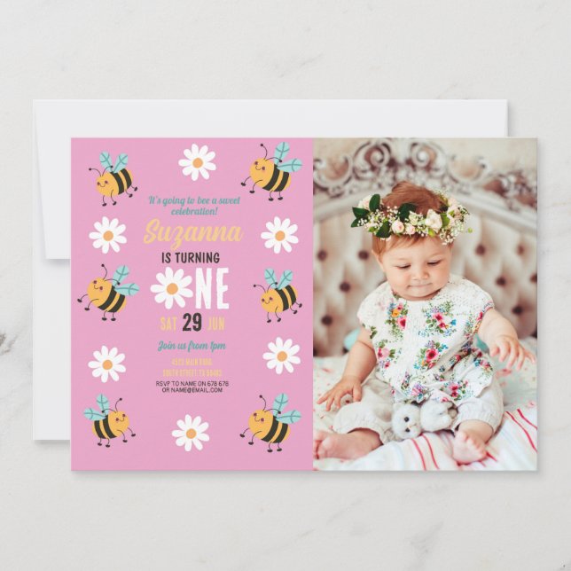Invitation Fête Photo d'anniversaire de l'abeille Daisy rose (Devant)