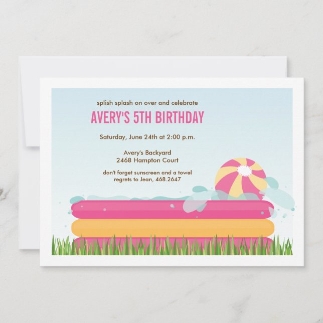 Invitation Fête Piscine Jardin Rose Anniversaire (Devant)