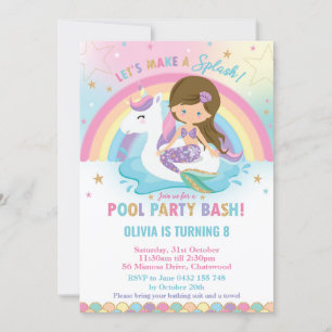Invitation Fête piscine Sirène et Licorne Brunette Yeux Bleus