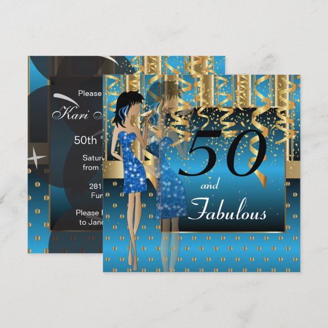 Invitation Fête pour les 50 ans | Thème fille | Bleu et Or (Devant / Derrière)