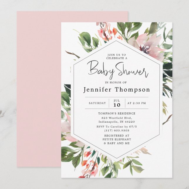 Invitation Fête Prénatale à l'aquarelle Fleurs Rosées et Feui (Devant / Derrière)