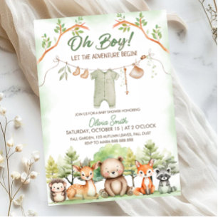 Invitation Fête prénatale bébé corde à linge Aventure Animale