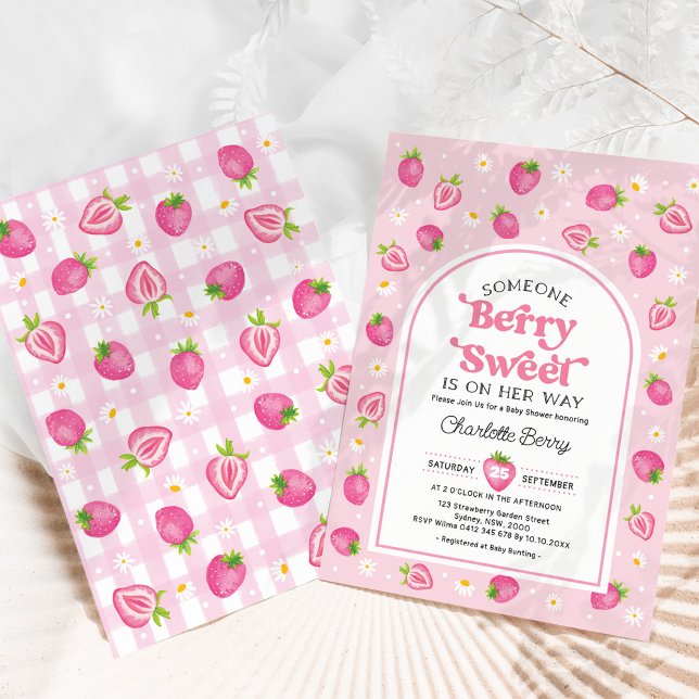 Invitation Fête Prénatale Bébé Fille Rose Rétro Fraise des Bo (Créateur téléchargé)