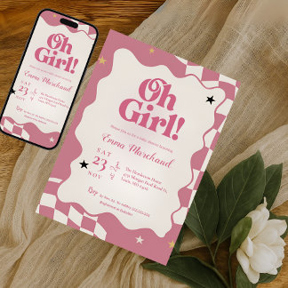 Invitation Fête Prénatale Bébé Fille Rose Rétro Groovy