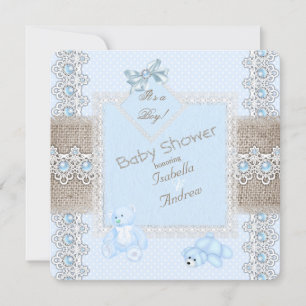 Invitation Fête Prénatale Bébé Garçon Perle Bleue Dentelle Ou