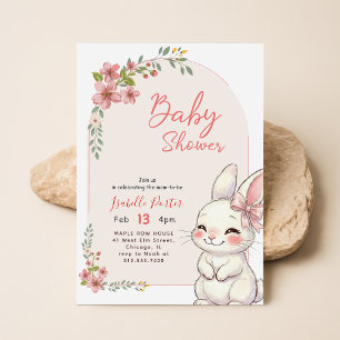 Invitation Fête Prénatale Bébé Lapin Fille Ruban Rose Fleur S