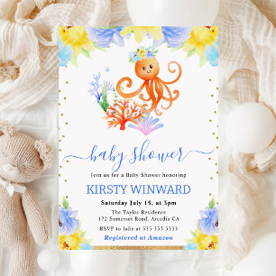 Invitation Fête Prénatale Bébé Pieuvre Sous-Marine Fleurs Aqu