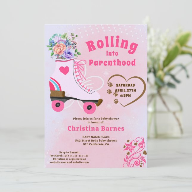 Invitation Fête prénatale bébé rétro floral sarcelle roller b (Debout devant)