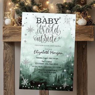Invitation Fête prénatale bébé vert forêt, sapins, guirlandes