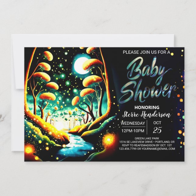 Invitation Fête Prénatale Bébé : Voyage Enchanté des Lucioles (Devant)