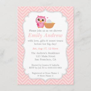 Invitation Fête Prénatale Chevron Rose, Chouette Mignonne