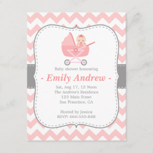 Invitation Fête Prénatale - Chevron Rose et Blanc avec Landau