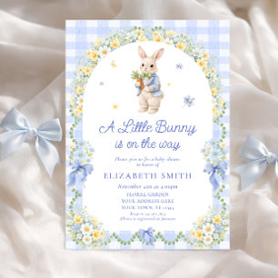 Invitation Fête Prénatale de Garçon Lapin Floral à Carreaux B