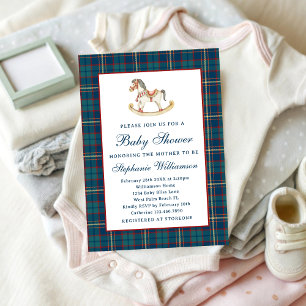Invitation Fête prénatale de Noël Plaid Vintage Cheval à Basc