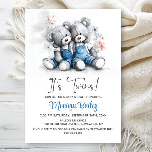 Invitation Fête Prénatale des Jumeaux Ours en Peluche