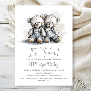 Invitation Fête Prénatale des Jumeaux Oursons en Peluche