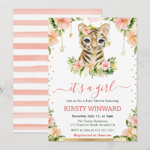 Invitation Fête Prénatale Fille au Tigre Floral Aquarelle