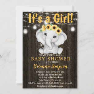 Invitation Fête Prénatale Fille Élégante Éléphant Tournesols