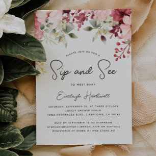 Invitation Fête Prénatale Fille Floral Rose et Feuillage Sip 