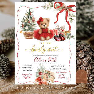Invitation Fête Prénatale Fille Ours Coquette Noël Rouge