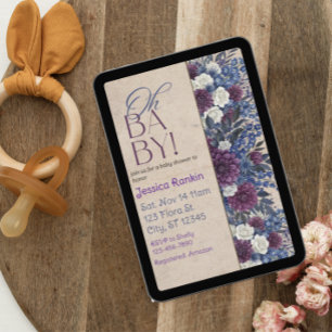 Invitation Fête Prénatale Fleurs Bleu Profond et Violet
