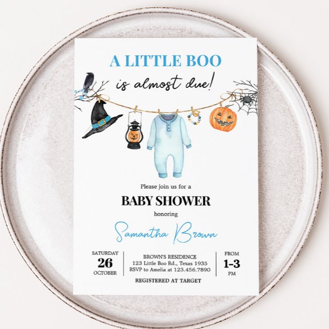 Invitation Fête Prénatale Halloween Bébé Petit Bleu Boo (Halloween Baby Clothes Baby Shower Invitation
)