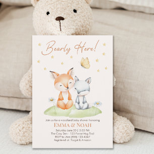 Invitation Fête Prénatale Neutre Renard et Ours de la Forêt