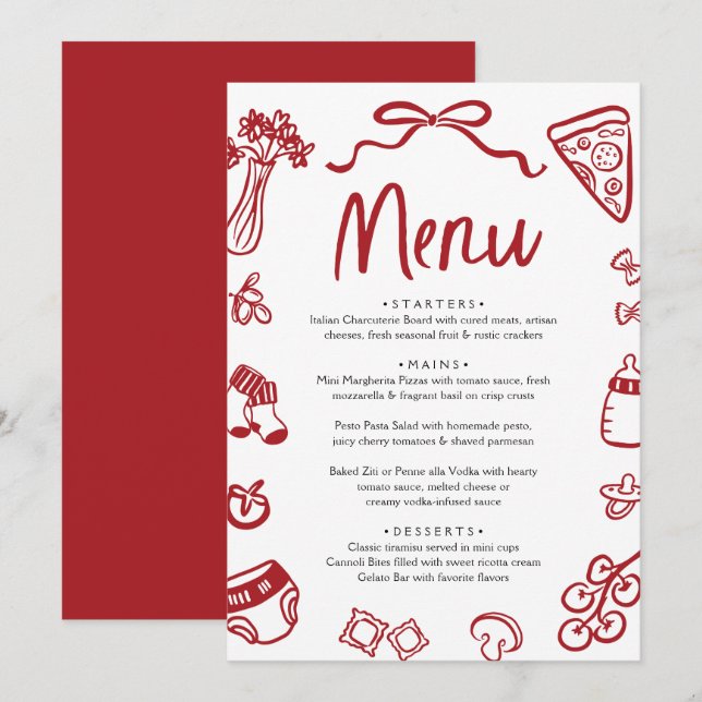 Invitation Fête Prénatale Pâtes Pizza Rouge Italien Dessinée  (Devant / Derrière)