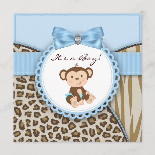 Invitation Fête Prénatale pour Bébé Garçon Brun et Bleu Singe