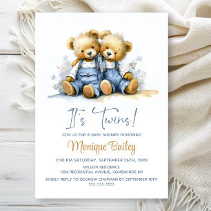 Invitation Fête Prénatale pour des Jumeaux Oursons en Peluche