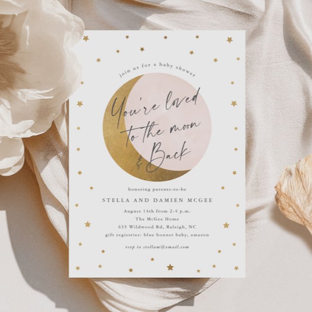 Invitation Fête prénatale Script Moon and Back (Elegant Script Gold Moon and Stars Pink Girls Baby SHower Invitations.)
