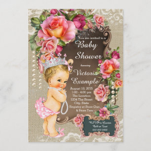 Invitation Fête Princier Bébé Dentelle de Jute Perle Chic Rus