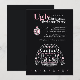 Invitation Fête Pull de Noël Moche Noir Rose TMF26