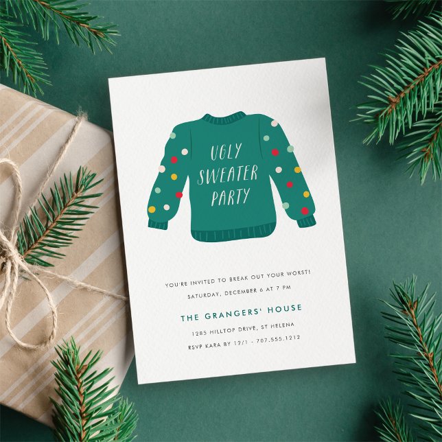 Invitation Fête Pull de Noël Ridicule Pompom (Créateur téléchargé)