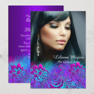 Invitation Fête Quinceanera Fleurie Pailletée Rose