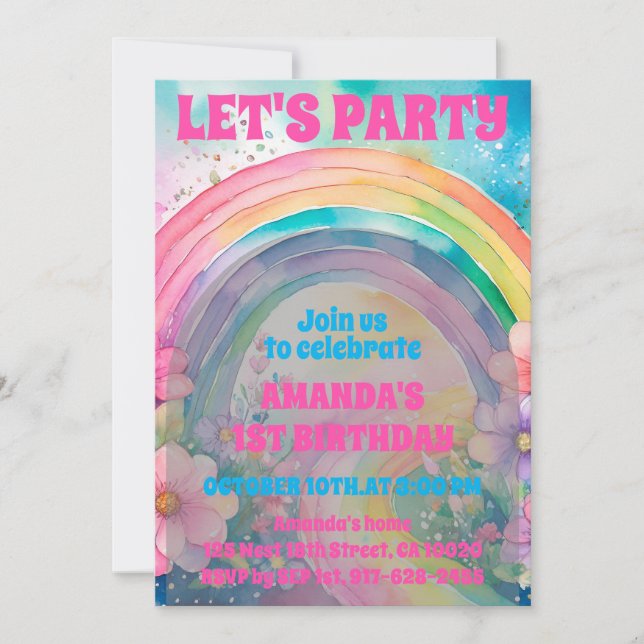 Invitation Fête Retro Pastel Fleurs Arc-en-ciel Anniversaire (Devant)