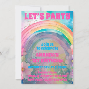 Invitation Fête Retro Pastel Fleurs Arc-en-ciel Anniversaire