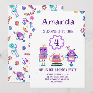 Invitation Fête robotique Fille Rose anniversaire