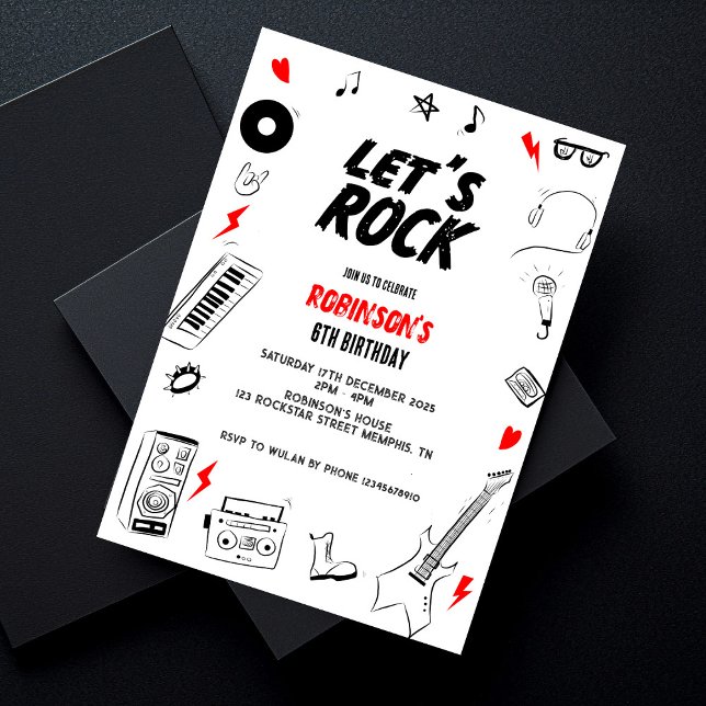 Invitation Fête Rock blanc et noir Rock et Roll (Créateur téléchargé)