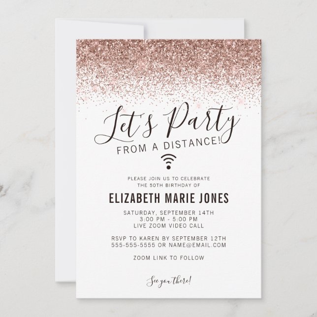 Invitation Fête Rose Gold Parties scintillant Virtual Anniver (Devant)