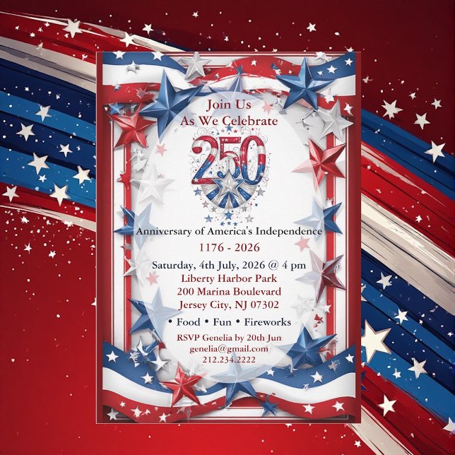 Invitation Fête Rouge Blanc & Bleu du 250e Anniversaire Améri (American 250th Anniversary Red White & Blue Party Invitation)