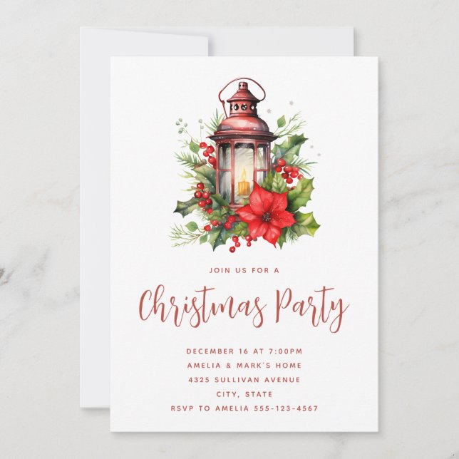 Invitation Fête rouge de Noël Poinsettia et Pine Party (Devant)