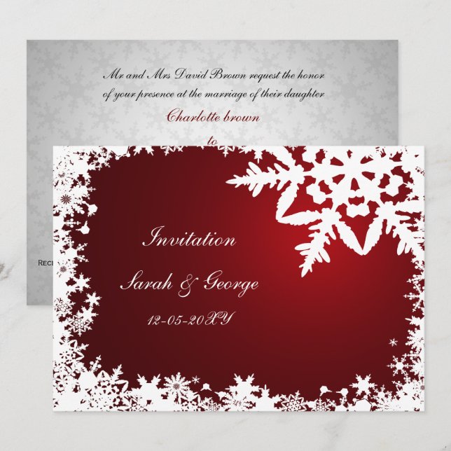 Invitation fête rouge élégante flocons de neige mariage d'hiv (Devant / Derrière)
