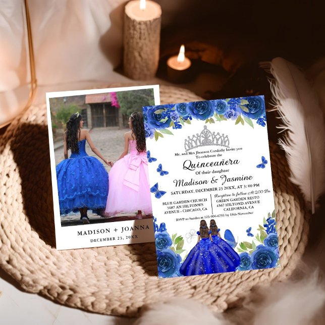 Invitation Fête Royale Florale Papillon Twin Quinceanera (Créateur téléchargé)