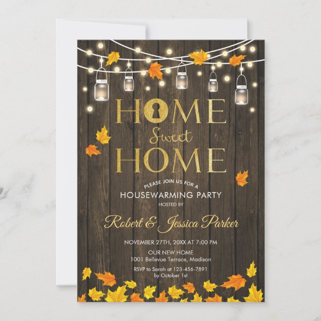Invitation Fête Rustique de chauffage domestique - Feuilles d (Devant)