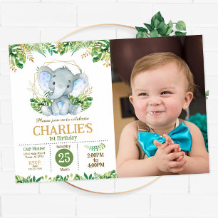 Invitation Fête safari jungle éléphant bébé 1er anniversaire